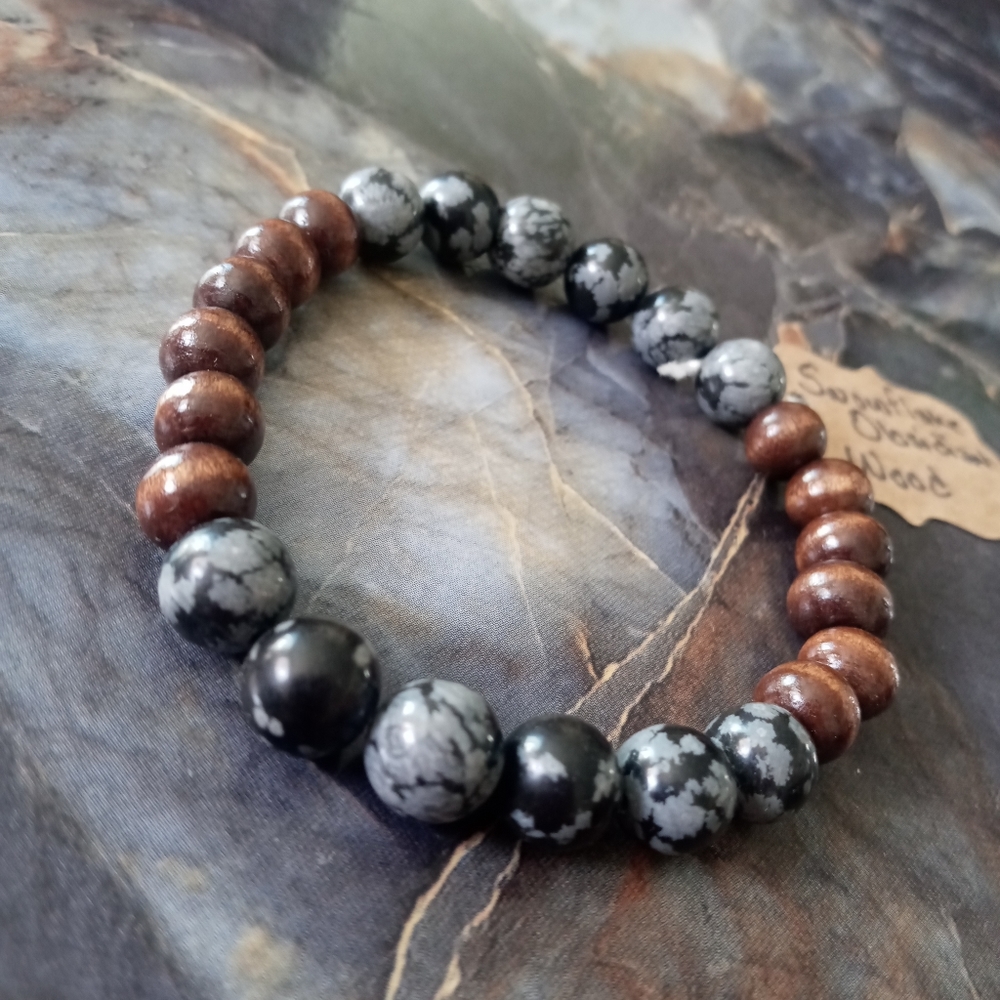Snowflake Obsidian & Wood Healing Bracelet